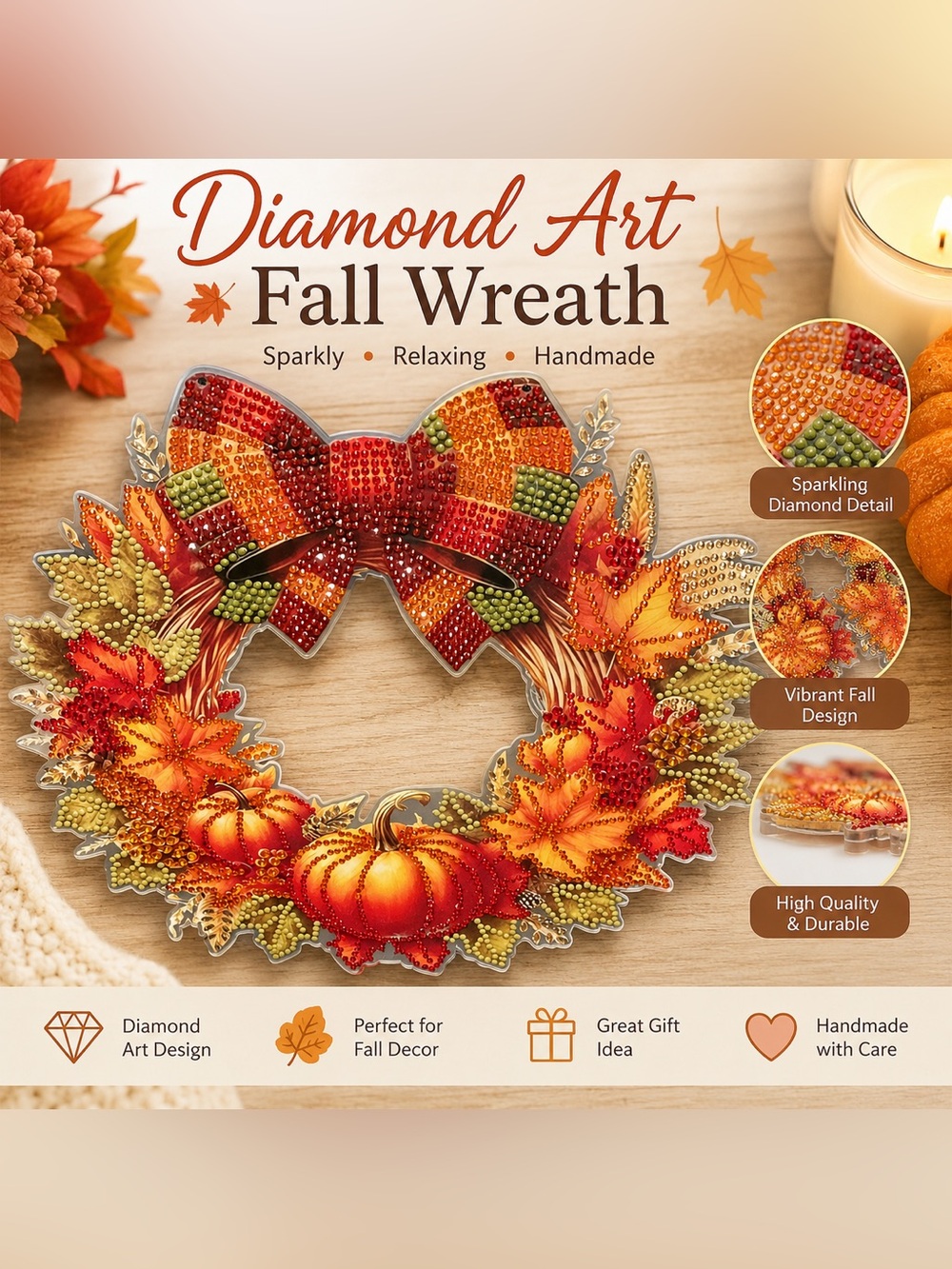 Handmade Diamond Art Fall Pumpkin Wreath | Autumn Door & Wall Decor Sealed